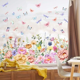 Colorful Flowers Butterfly Window Stickers, Double-Side Glass Decals Summer Floral Window Clings for Mirror Glass Display Shop Office School Supplies Reusable (Peony)