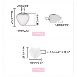 UNICRAFTALE 50 Sets Heart Cabochon 304 Stainless Steel Blank Bezel Pendant Trays With Glass Cabochons for Photo Craft Jewelry Making