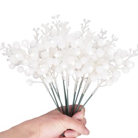 Artificial White Berry Stems, 24 Pack 8.7" Christmas Glitter Berries Stems Artificial Fruit Berry Holly Flower Branch Winter Picks Home Holiday Wedding Party DIY Christmas Tree Crafts Decor (White)