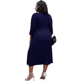 Nmoder Women's Plus Size Stretchy Flared Wrap Dress V Neck 3/4 Sleeve Casuel Wedding Guest Cocktail Work Midi Dresses Navy Blue