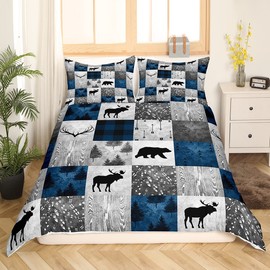 Erosebridal Rustic Deer Duvet Cover Twin for Boys Girls,Elk Moose Bear Bedding Set for Camping Decor,Hunting Animal Comforter Cover,Country Style Patchwork Bed Cover with 1 Pillowcase for Lodge