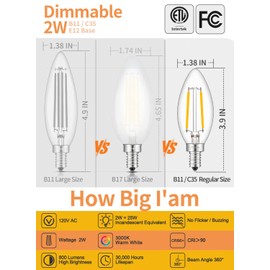 CRLight LED Candelabra Bulb 25W Equivalent 250 Lumens, 3000K Soft White 2W Filament LED Chandelier Light Bulbs, E12 Vintage Edison B11 Clear Glass Candle Bulbs, Non-dimmable Version, 12 Pack