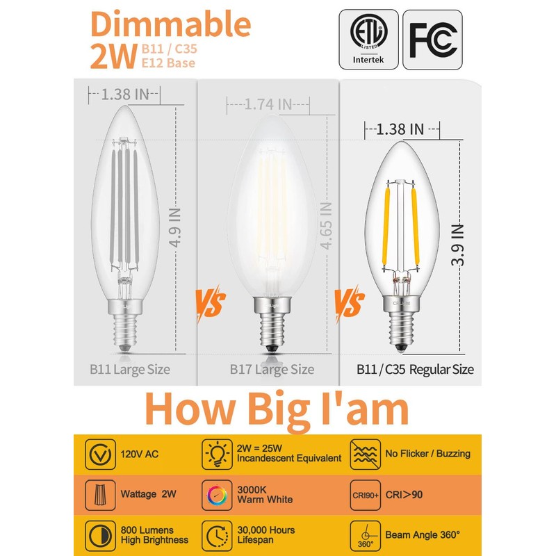 CRLight LED Candelabra Bulb 25W Equivalent 250 Lumens, 3000K Soft