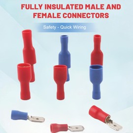 KEWUF Pack of 100 Quick Coupling Sockets Vinyl Fully Insulated, Flat Receptacles 6.3 x 0.8 mm Cable Lug, Red for 0.5-1.5 mm² (22-16 AWG), Blue for 1.5-2.5 mm² (16-14 AWG)