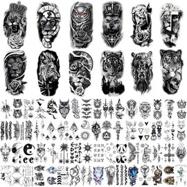 76 Sheets Large Black Temporary Tattoo Stickers - Tribal Wolves, Tigers, Lions, Snakes, Skulls, 12 Fake Tattoo Stickers for Men & Women Arm Designs - Specification: TATTOO76-1