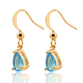 Dangle Drop Pierced Earrings with Pear Cut CZ Simulated Aquamarine in 18K Yellow Gold Plated, Simple Modern Elegant