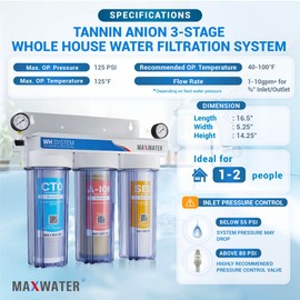 Max Water 3 Stage Tannins/Nitrate Reduction (Good for Underground Water) 10 inch Standard Water Filtration System Whole House - Sediment + Anion + CTO Post Carbon - ¾" Inlet/Outlet - Model : WH-SC3