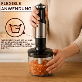 Retoo Hand Blender 1200 W Set 7-in-1 - 15000 rpm, 8 Levels + Turbo, Stainless Steel Purée Rod with Splash Guard, Chopper, Whisk & Measuring Cup, Multifunctional Hand Mixer
