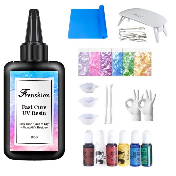 UV Lamp + 100G Upgrade 45S Fast Healing Clear Hard Resin + Colour Pigment + Sequin + Mat + Tool + Glove for DIY Home Professional Casting Coating Craft Jewellery Earrings Necklace Bracelet