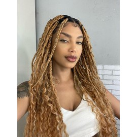 Goddess Box Braids Crochet Hair Bohemian Braids for Woman 14 Inch 7 Packs Short Crochet Box Braids with Curly Ends Boho Braids Crochet Hair Extensions, Dark Blonde 27