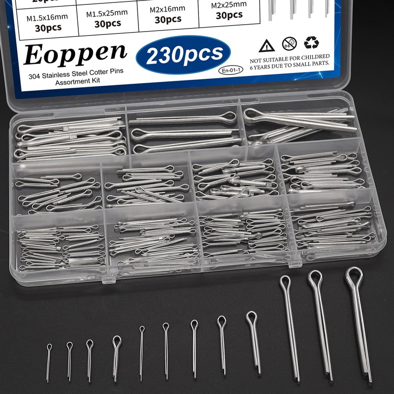 Eoppen 230Pcs Cotter Pin Assortment Kit - 304 Stainless Steel