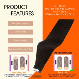 Full Shine Tape ins Real Human Hair Extensions 16Inch Dark Brown Color Seamless Tape in Extensions Skin Weft Double Sided Tapes in Hair Extensions 20Pcs 50G Invisible Remy Hair Extensions Human Hair