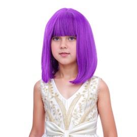 DUDUWIG Grape Purple Wig for Kids Girls Short Dark Purple Straight Wig Children Wigs with Bangs Hairnet Include