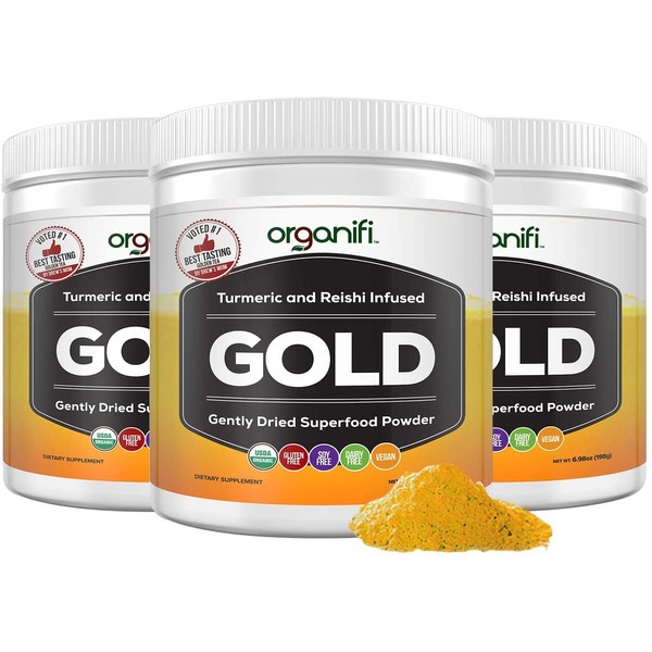 Organifi: Gold - Superfood Supplement Powder- 3 Pack - Deep Sleep, Immunity and Cognitive Function Support - Turmeric and Reishi Infused