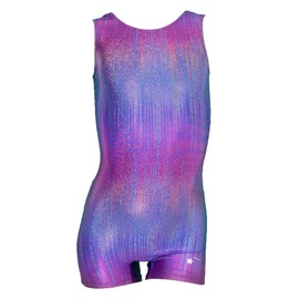 Destira Rainbow Blaze Gymnastics Unitard for Girls, Vibrant Biketard w/Colorful Shimmering Foil Finish & Matching Scrunchie, Child Medium (8)