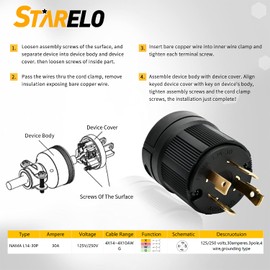 STARELO 2PCS Locking Plugs for Generator - NEMA L14-30P Extension Cord End Male Plug, 30A, 125/250V, 3 Pole, 4 Wire Grounding, Industrial Grade, UL Listed