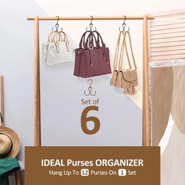 ZEDODIER 6 Pack Purse Hanger Bag Organizer for Closet, Heavy Duty Rotatable Purse Holder with 12 Storage Capacity, Bag Storage Rack for Purses Bags Backpacks, Black