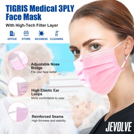 JEVOLVE 50 Pcs Tigris Disposable Face Mask | Earloop Face Mask 3-Ply Protection Face Masks 4.0g | Disposable Breathable Mask for Adult, Home, Office, Daily Wear - Pink