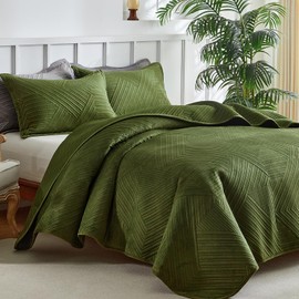 WARMDERN Ultrasonic Green Velvet Quilt Set Queen Size, Geometric Textured Striped Pattern Modern Quilt Bedding Set, 3 Piece Soft Micro
