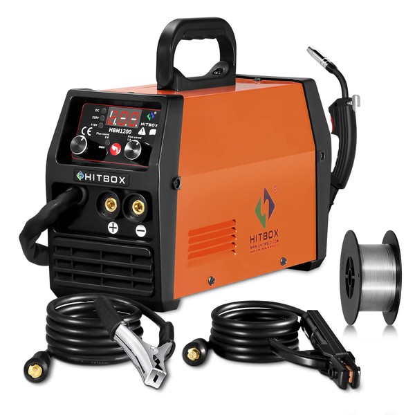 HITBOX 140A MIG Welder Gasless, 110V/220V Dual Voltage Flux Core Welder Flux MIG/Lift TIG/Stick 3 In 1 Synergy MIG Welding Machine With Torch Clamp and 0.8mm Flux Wire