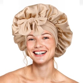 Gorro de Seda para Dormir，capó ajustable de satén，Banda Elástica Ancha，Gorro de Noche para Cabello Rizado,Ideal para Dormir,Ducha y Belleza (Beige)