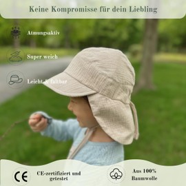 Petinard Label Muslin Peaked Cap Sun Hat with Neck and Ear Protection UV Protection (UPF 50+) for Babies and Children - Unisex, beige, 52