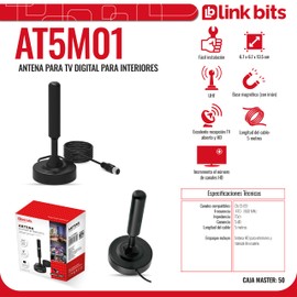 LINK BITS AT5M01 Antena de TV Digital para Interior, Alta Definición HDTV Ultra Compacta, Amplifica la Recepción de Canales