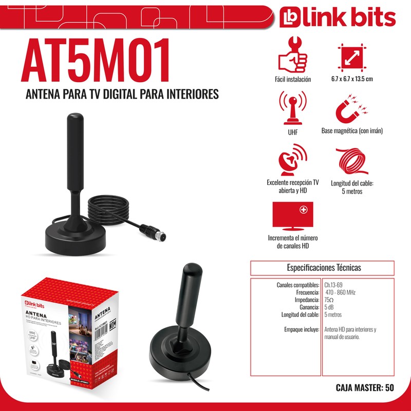 LINK BITS AT5M01 Antena de TV Digital para Interior, Alta