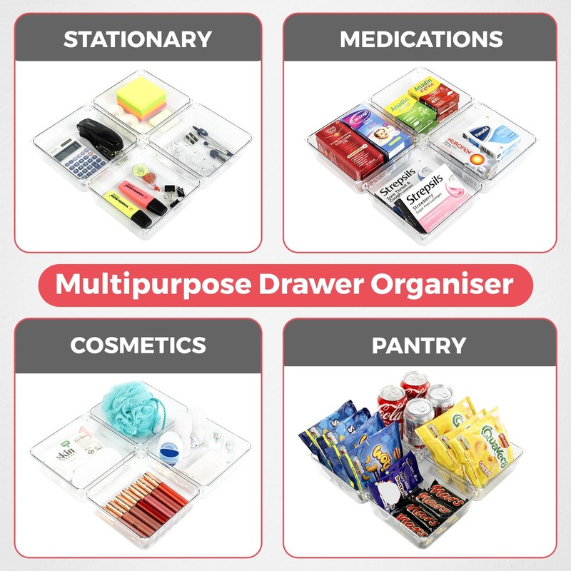 Amtido 4 Pack Drawer Organisers - Sturdy Clear Plastic -