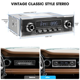 Retro Vintage Radio for Classic Vehicle - Single Din Bluetooth Car Stereo with AM FM USB AUX EQ Subwoofer RCA Output