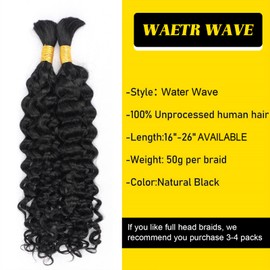 Jreitsere Human Braiding Hair Water Wave Bulk Human Hair for Braiding No Weft 24 Inch 100% Unprocessed Human Hair Natural Black 100g Bulk Human Braiding Hair for Boho Braids (1Pack-2Bundles(100g),1B)