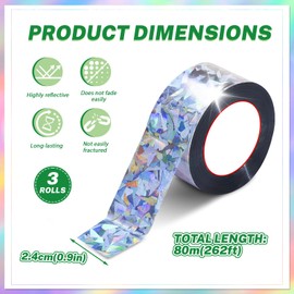 3 Roll 787.2 Ft Double Sided Flash Bird Scare Tape, 0.94" Prism Holographic Bird Reflective Tape, Shiny Reflective Ribbon for Birds, Woodpeckers Pigeons Scare Streamers Keep Away from Orchard (0.94")