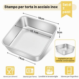 Set di 2 stampi quadrati per torte, in acciaio inox, perfetti per torte, brownie, lasagne, sani e lavabili in lavastoviglie, 15 x 15 x 5 cm
