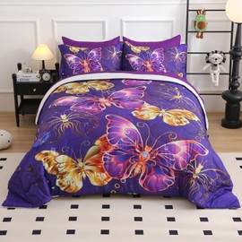 Jameswish 7 Piece Butterflies Comforter Set Full Size 3D Gold Violet Butterflies Bedding Set for Kids Girls Women for Birthday Christmas Gift
