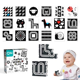 QBI Magnetic Baby Toys 0-6-12 Months | Black and White Baby Cards Newborn Toys High Contrast Flashcards & Magnetic Cubes | Visual Stimulation Montessori | Baby Essentials (9 Pieces)
