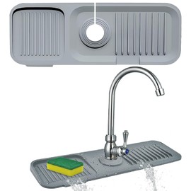 Silicone Sink Splash Guard for Kitchen & Bathroom, 17.7 inch Faucet Mat with 5° Slope & Cuttable Hole, Fast Draining Drip Catcher Tray, Dish Soap Sponge Holder, Drying Mat (Gray, 17.7"x 5.5")