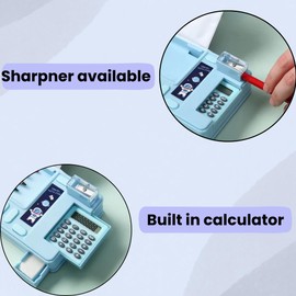 RINCS Essentials Pencil Case for Kids - Includes Calculator, Sharpener, Class Timetable & Stickers, 2 Large Compartments | Assorted Designs: Unicorns, Fairies, Space Dinosaurs, Transport (Transport)