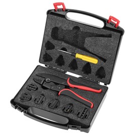 QWORK Crimping Tool Ratcheting Wire Crimper Set, with 6 AWG-Marked Crimp Dies Supports Heat Shrink Connectors, Solar Connectors
