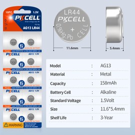 PKCELL LR44 Batteries 1.5 Volt Alkaline AG13 357 303 A76 SR44 Button Coin Cell Battery (10 Count（Pack of 1）)