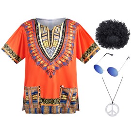4 PCS Hippie Costume for Mens 60s 70s T-Shirt Afro Wig Accessories Set for Party Cosplay 4XL Orange