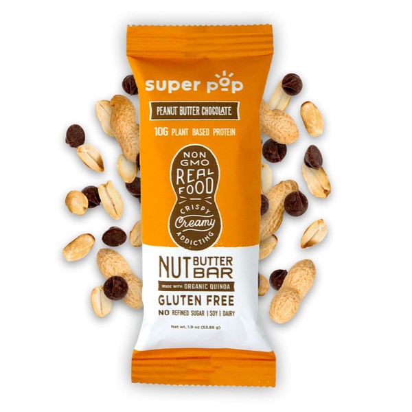 Super Pop Snacks, Clean Plant Based Protein Bars, ​Peanut Butter Bars with Organic Whole Foods, ​Low Sugar, Gluten Free, Dairy Free, 10g Protein, Peanut Butter Chocolate (12 pack)
