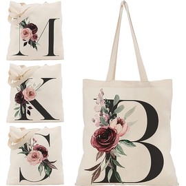 Floral Initial Canvas Bag Gifts for Women - 15"x16" Shoulder Tote Bags for Bridesmaids Hen Party Teacher Gift Shopping Bag C1 (Initial #B)