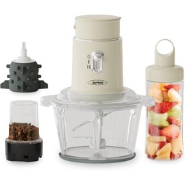 Sunvivipro Blender and Food Processor, 4 Functions for for Grinding Meat, Peeling Garlic & Juicing, 2 Speed High Speed Blenders with 1.5L Glass Bowl & 2 Cups (0.4L+0.2L), Beige