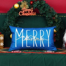 ONWAY Christmas Pillow Cover 12x20 Inch Merry Christmas Gold Blue Decorative Throw Pillows Farmhouse Winter Holiday Decor Cushion Case for Sofa Couch Home Decorations