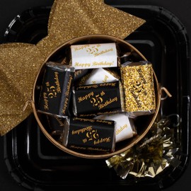 RokAPary 25th Birthday Miniatures Candy Bar Wrapper, (Set of 60) Mini Candy Bar Stickers; 3 Designs: 24 Gold, 24 Black, 12 White, Candy Not Included
