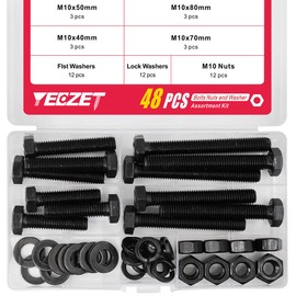YEEZET Screws M10 48 Pieces Hex Screws Washers Spring Washers and Nuts Assortment Kit (8.8 Carbon Steel)