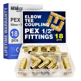 New Age America® 18pcs 1/2" PEX Fittings AquaFlow 360™ | 6 Elbow + 6 Tee + 6 Coupling | 1/2 Inch Brass | Barb PEX Fittings for PEX Pipe | Lead-Free Fittings | NSF, UPC, CUPC, ASTM F1807 Certified