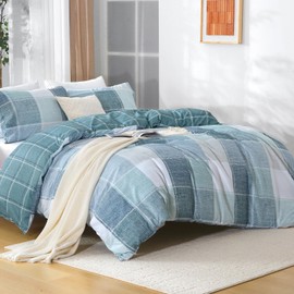 MUXHOMO Duvet Cover Queen Size, 3 Pieces Plaid Duvet Cover Set, Reversible Blue White Bedding Set with Zipper, Soft Brushed Microfiber, 8 Corner Ties, 1 Duvet Cover 90"x90" & 2 Pillowcases 20"x26"