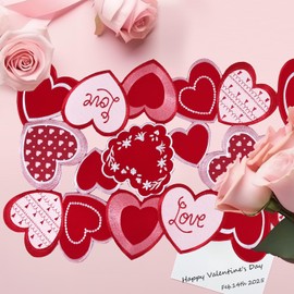 Valentines Day Table Runner 54 Inches Long Embroidered Red Heart Table Decor Hot Pink for Wedding Anniversary Marriage Pink Love 54IN