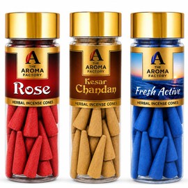 The Aroma Factory Organic Incense Dhoop Cones (Saffron Sandal, Rose, Fresh Active) Zero Charcoal | No Bamboo | 100% Herbal Fragrance | Combo Assorted Dhoop, 3x30 Cones Jute Gift Set with Holder